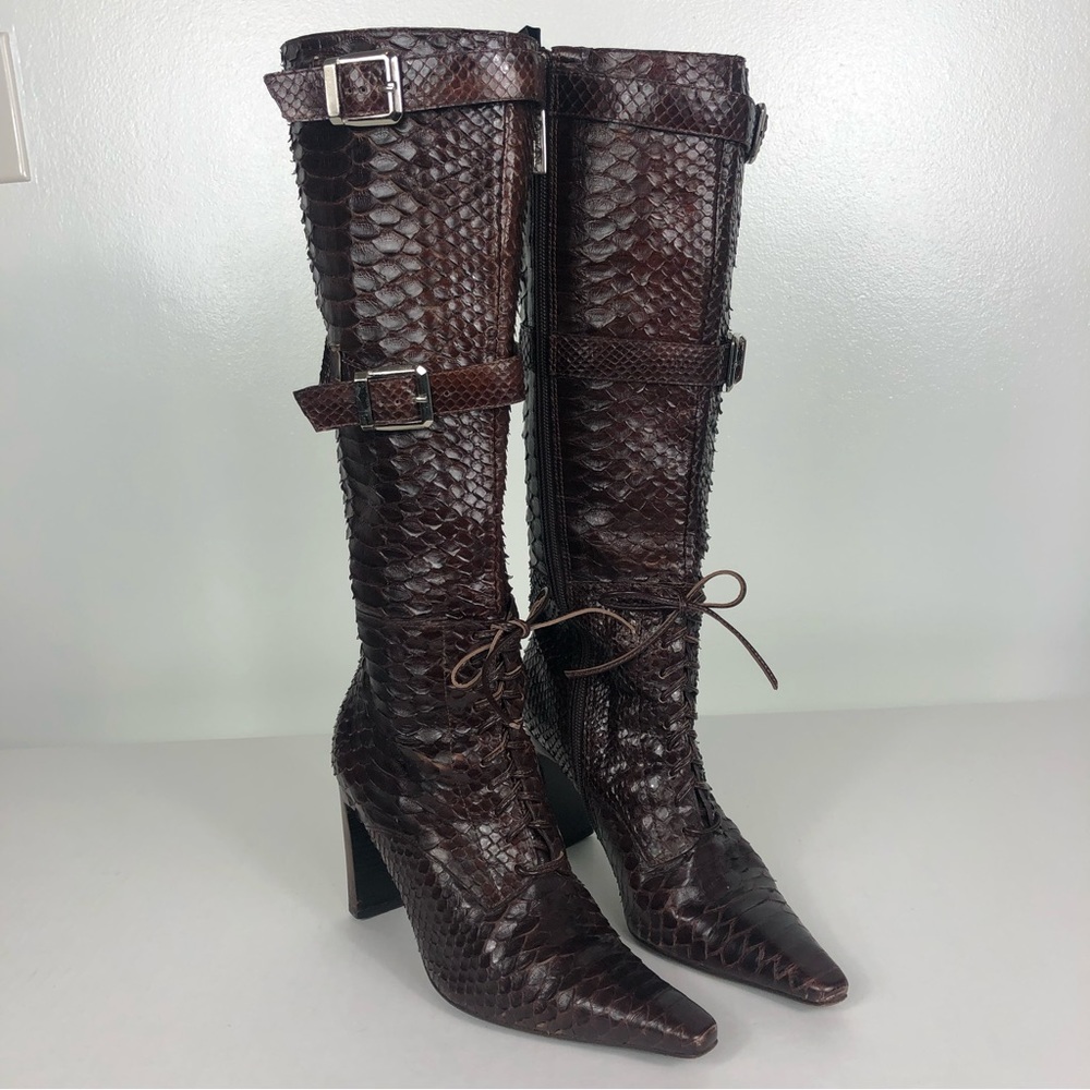 Invitto Snakeskin Leather Zip Up Heeled Brown Boots Size 7